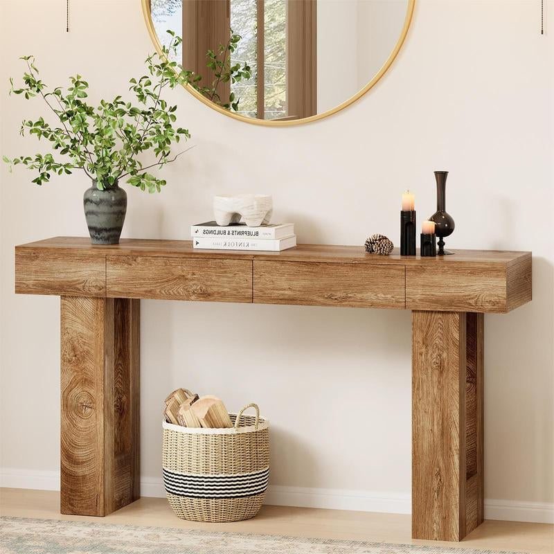 IRONCK 63-Inch Console Table with Dual Drawers, Wooden Sofa Table for Living Room, Hallway, and Entryway