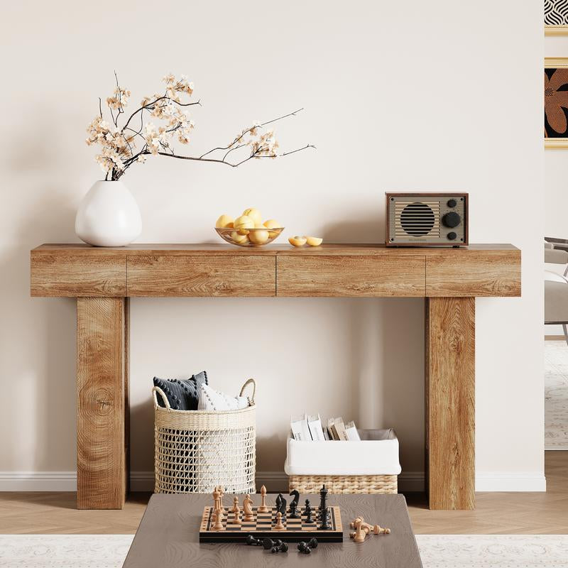 IRONCK 63-Inch Console Table with Dual Drawers, Wooden Sofa Table for Living Room, Hallway, and Entryway