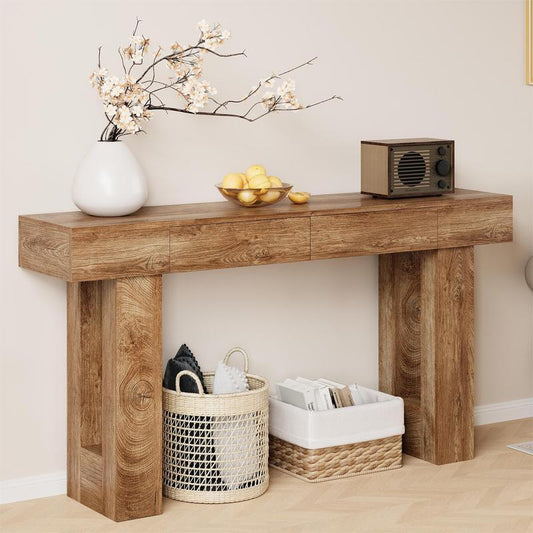 IRONCK 63-Inch Console Table with Dual Drawers, Wooden Sofa Table for Living Room, Hallway, and Entryway
