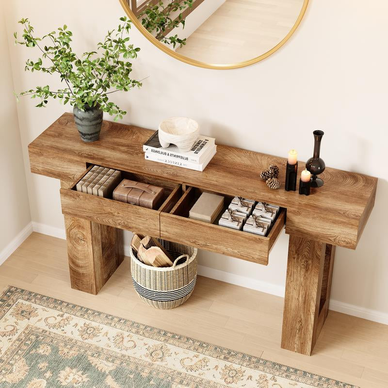 IRONCK 63-Inch Console Table with Dual Drawers, Wooden Sofa Table for Living Room, Hallway, and Entryway