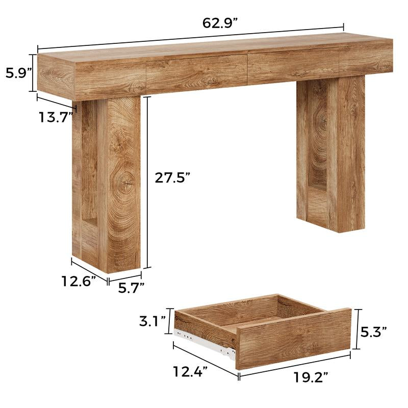 IRONCK 63-Inch Console Table with Dual Drawers, Wooden Sofa Table for Living Room, Hallway, and Entryway