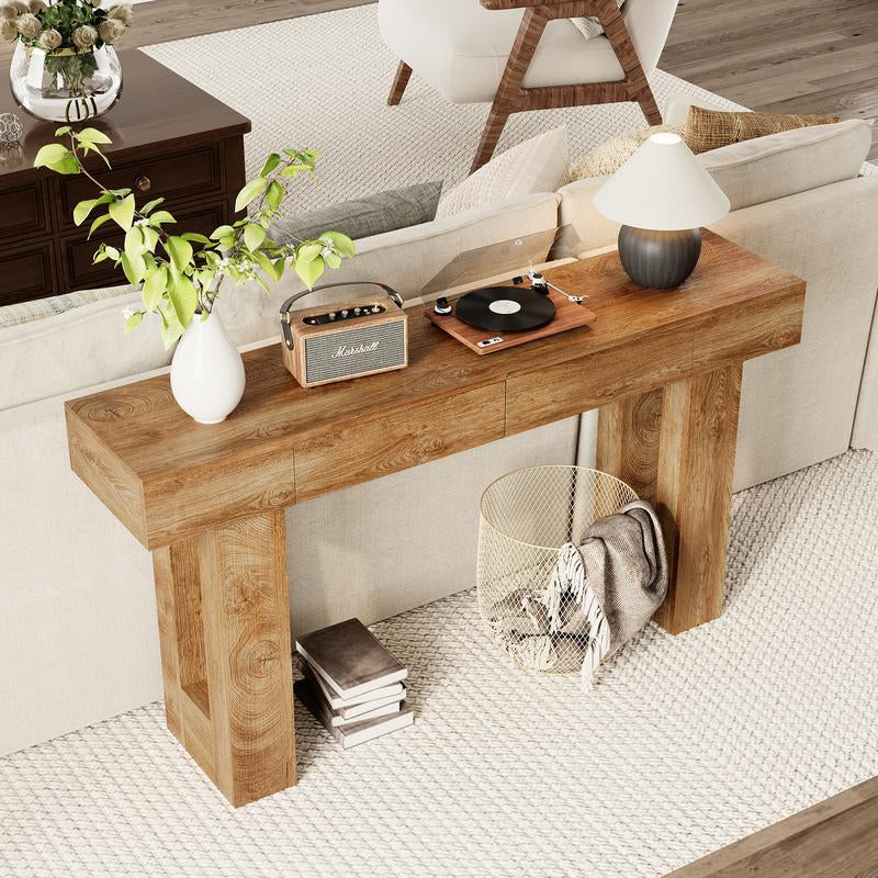 IRONCK 63-Inch Console Table with Dual Drawers, Wooden Sofa Table for Living Room, Hallway, and Entryway