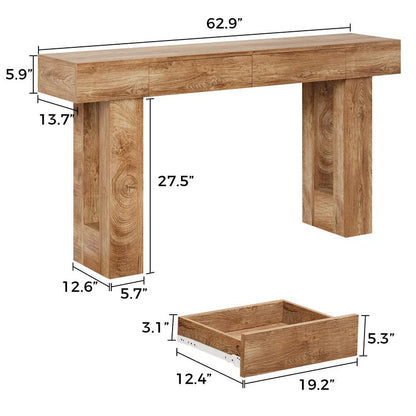 IRONCK 63-Inch Console Table with Dual Drawers, Wooden Sofa Table for Living Room, Hallway, and Entryway